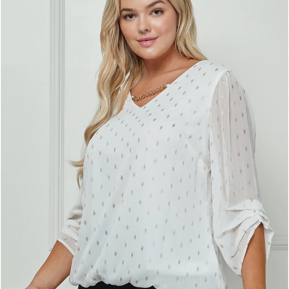 Step Sleeve Vneck Chain Detail Metallic Pattern Blouse